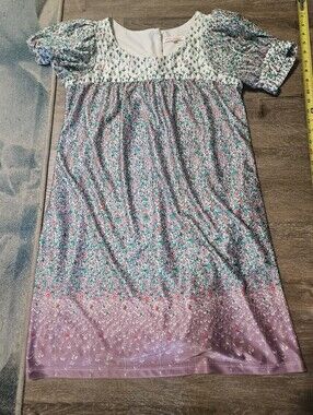 Betsey Johnson Cream Yoke Purple Floral Mini Dress with Puff Sleeves